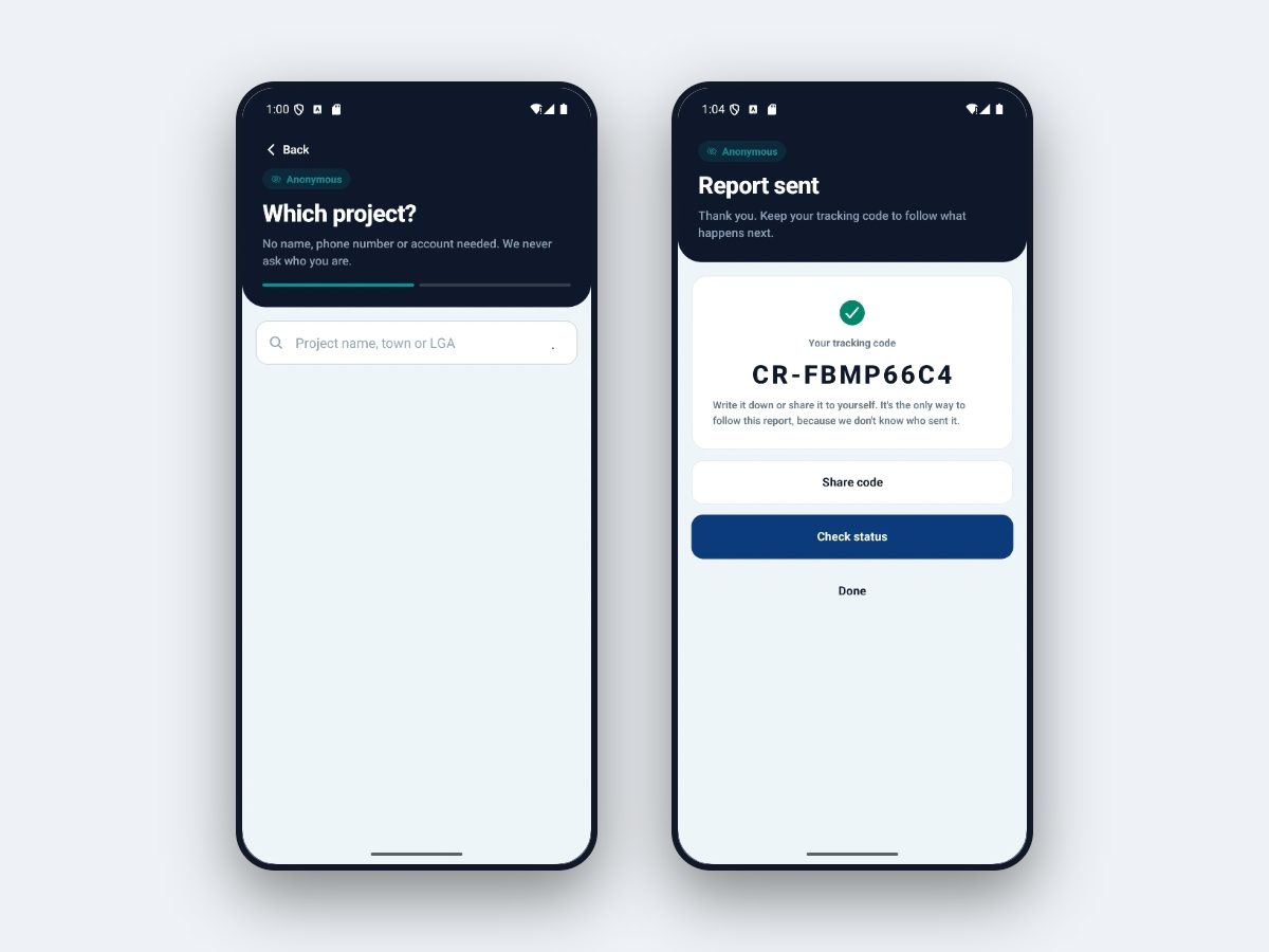 ProveTrack Android app: choosing a project to report anonymously, and the report-sent screen with a tracking code
